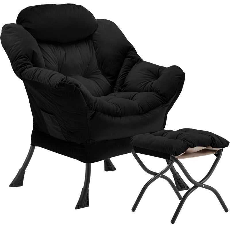 Youtanic Lazy Chair with Folding Ottoman, Accent Chair Velvet Upholstered with Metal Structure and Non-Slip Pads, Sofa Armchair with Footrest and Side Storage Bag for Dorm, Room, Office, Black - Image 1