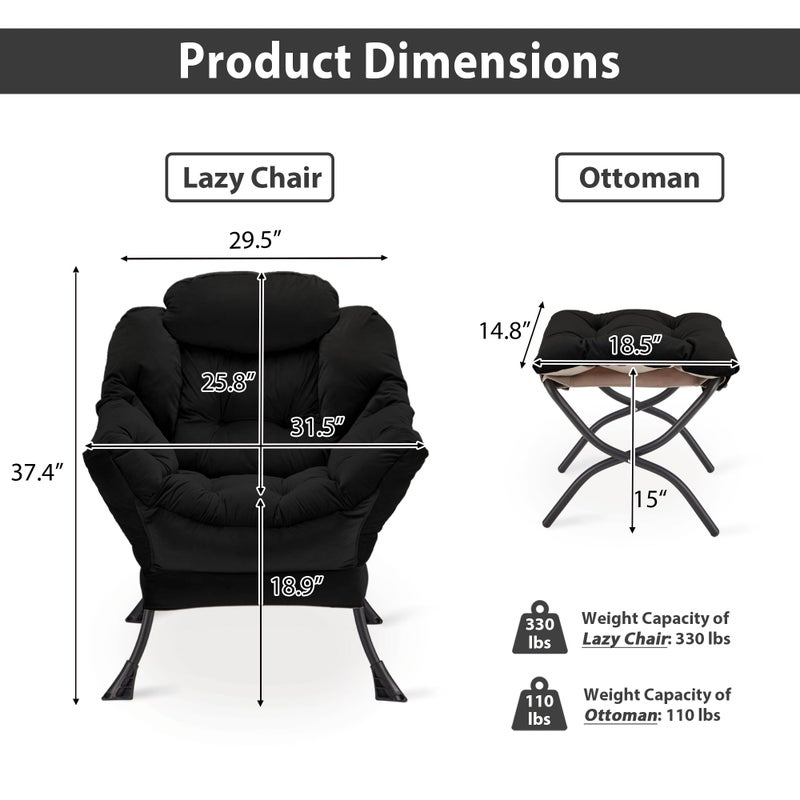 Youtanic Lazy Chair with Folding Ottoman, Accent Chair Velvet Upholstered with Metal Structure and Non-Slip Pads, Sofa Armchair with Footrest and Side Storage Bag for Dorm, Room, Office, Black - Image 3