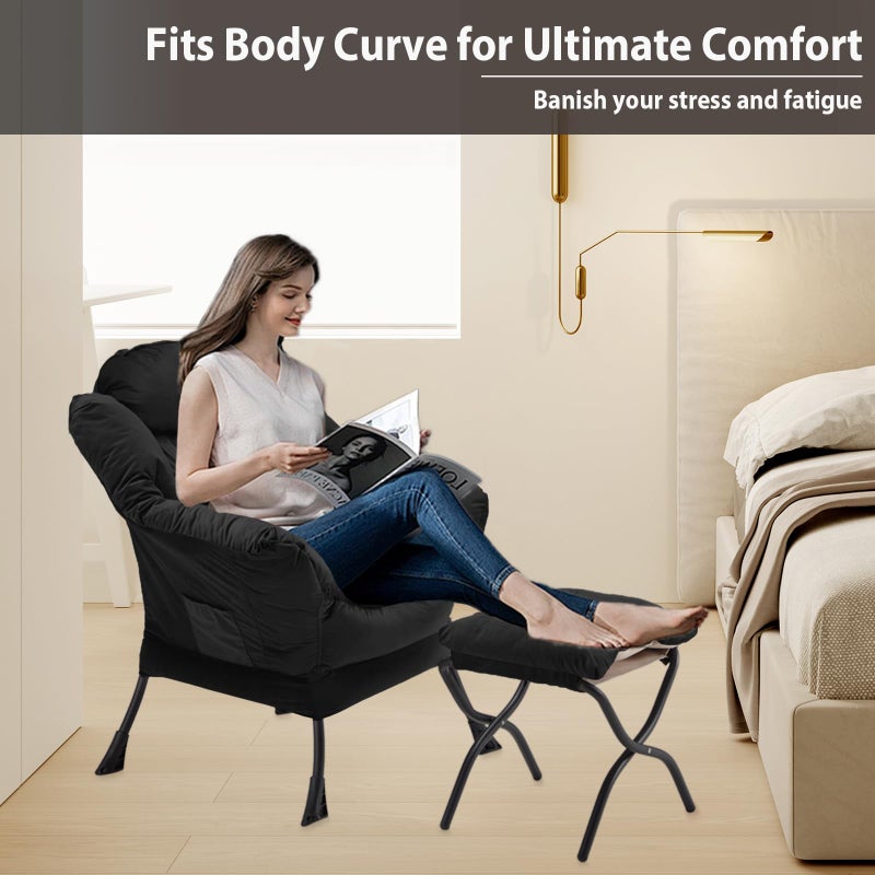 Youtanic Lazy Chair with Folding Ottoman, Accent Chair Velvet Upholstered with Metal Structure and Non-Slip Pads, Sofa Armchair with Footrest and Side Storage Bag for Dorm, Room, Office, Black - Image 5