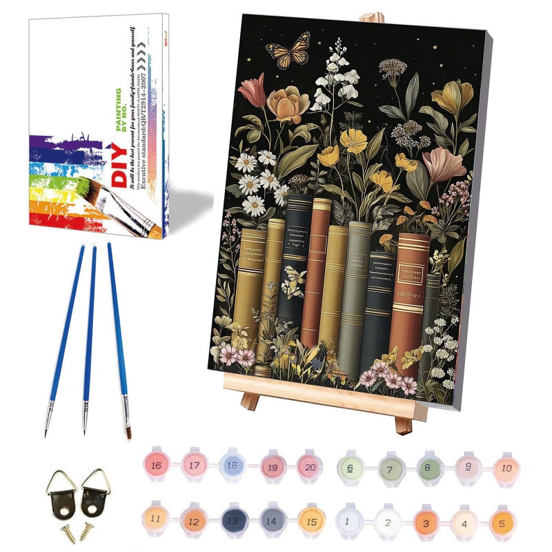 xackcme Book Paint by Numbers for Adults with Framed Canvas - with Wooden Easel, Flowers Paint by Number on Canvas, DIY Books Acrylic Oil Painting Kits with Brushes for Home Wall Decor (8x12 inch) - Image 1