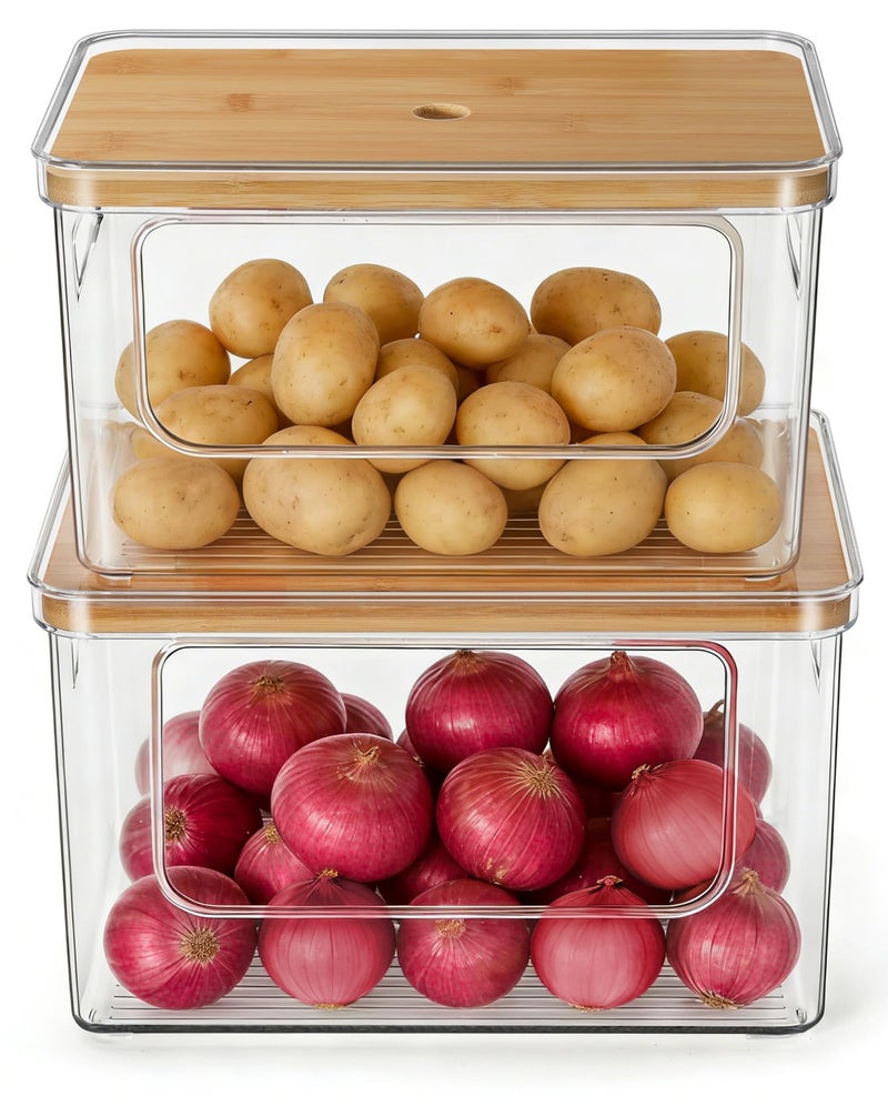 Hudgan Pantry Organizers and Storage, 2 Stackable Storage Bins for Onion, Potato, Garlic, Straight Side Clear Plastic Container for Home Edit, Kitchen Cabinet, Countertop, Bathroom and Laundry Room - Image 1