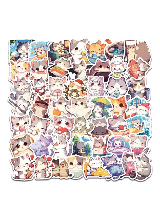 NIBEMINENT 50 Pcs Cartoon Cute Cat Diary Deco Kit Waterproof Stickers, High Definition Printing Bright Colors, Suitable for Laptop Skateboard Luggage Water Bottle Guitar DIY - Image 1