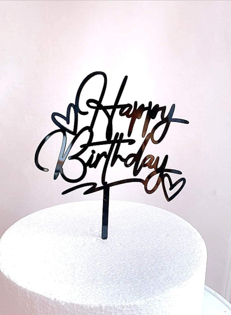 TPGP Happy Birthday Cake Toppers, Elegant Script Calligraphy Decoration Acrylic (BLACK) - Image 1