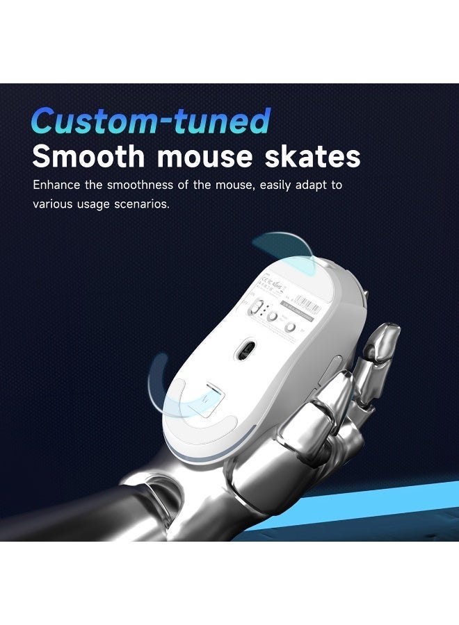 Nacodex NJ08 lightweight wireless gaming mouse, supporting three connection modes (2.4GHz wireless / Type-C wired / Bluetooth 5.0), with a maximum DPI 12,800of 1. It features Kaihua GM8.0 dust- and water-resistant microswitches, six fully customisable buttons, long battery life and a compact design. Compatible with Windows and Mac computers, it is suitable for both office work and gaming (white). - Image 4