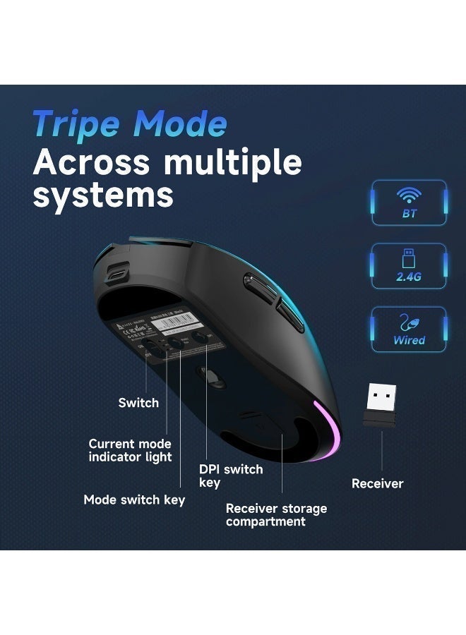 Nacodex NJ08 lightweight wireless gaming mouse, supporting three connection modes (2.4GHz wireless / Type-C wired / Bluetooth 5.0), with a maximum DPI 12,800of 1. It features Kaihua GM8.0 dust- and water-resistant microswitches, six fully customisable buttons, long battery life and a compact design. Compatible with Windows and Mac computers, it is suitable for both office work and gaming (white). - Image 5