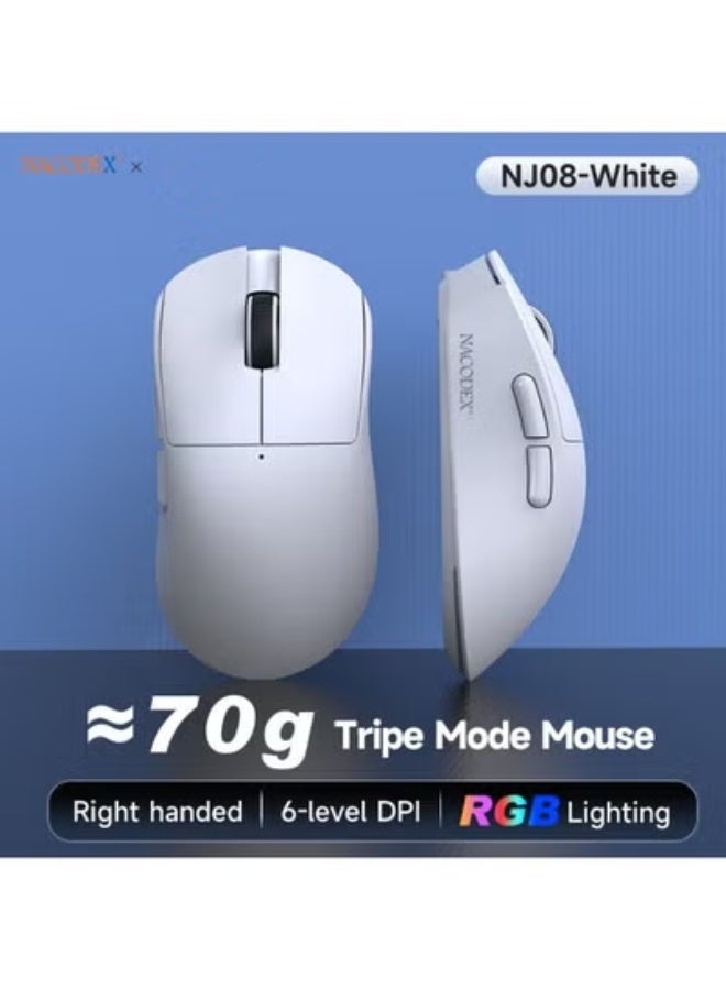 Nacodex NJ08 lightweight wireless gaming mouse, supporting three connection modes (2.4GHz wireless / Type-C wired / Bluetooth 5.0), with a maximum DPI 12,800of 1. It features Kaihua GM8.0 dust- and water-resistant microswitches, six fully customisable buttons, long battery life and a compact design. Compatible with Windows and Mac computers, it is suitable for both office work and gaming (white). - Image 2