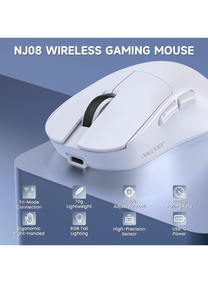 ناكوديكس NJ08 - ماوس ألعاب لاسلكي مصمم لليد اليمنى، مزود بشريط إضاءة RGB، يدعم ثلاثة أوضاع اتصال (لاسلكي 2.4 جيجاهرتز / سلكي عبر منفذ Type-C / بلوتوث 5.0)، ويصل الحد الأقصى لعدد النقاط في البوصة (DPI) إلى 12,800. مزود بستة أزرار قابلة للتخصيص بالكامل، ويتميز بعمر بطارية طويل وتصميم مدمج. متوافق مع أجهزة الكمبيوتر التي تعمل بنظامي Windows وMac، ومناسب للاستخدام في المكتب وللألعاب على حد سواء (أبيض) - Image 2