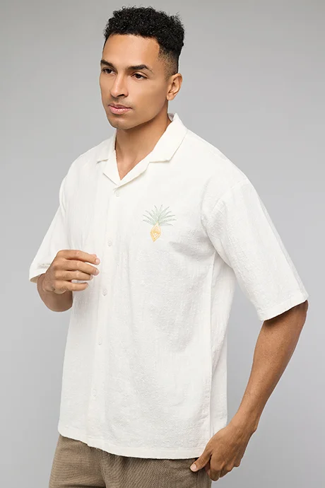R&b Embroidered Shirt with Revere Collar and Short Sleeves