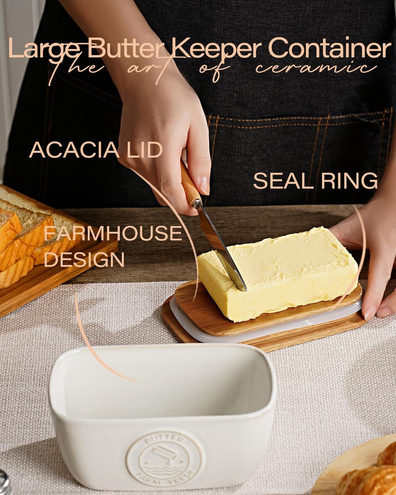 Getstar Ceramic Butter Dish with Acacia Lid for Countertop, Silicone Sealing, Farmhouse Kitchen Counter Decor, Large Butter Keeper Container (6.5â€x4â€) - Image 5