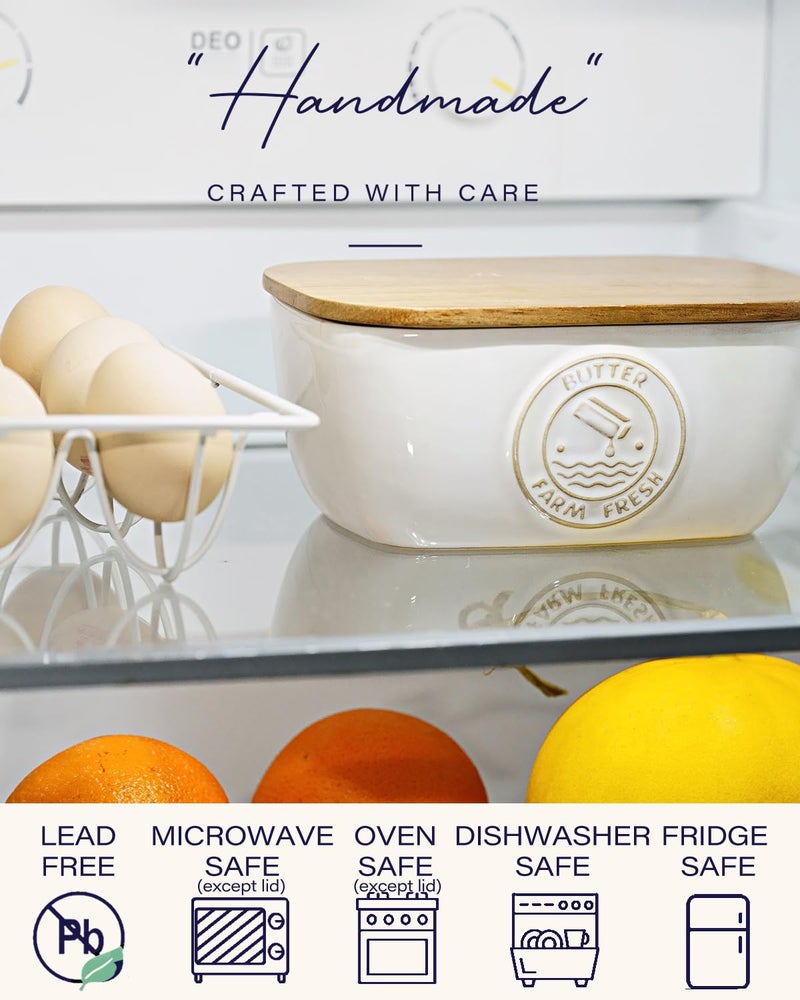 Getstar Ceramic Butter Dish with Acacia Lid for Countertop, Silicone Sealing, Farmhouse Kitchen Counter Decor, Large Butter Keeper Container (6.5â€x4â€) - Image 4