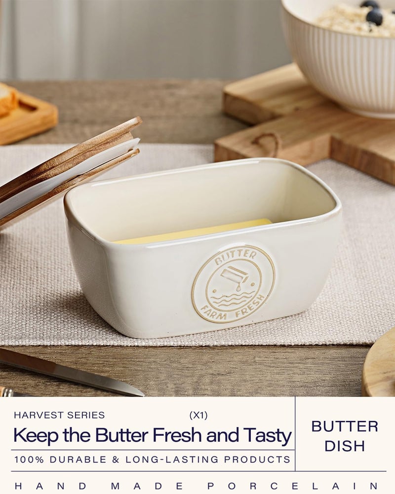 Getstar Ceramic Butter Dish with Acacia Lid for Countertop, Silicone Sealing, Farmhouse Kitchen Counter Decor, Large Butter Keeper Container (6.5â€x4â€) - Image 2