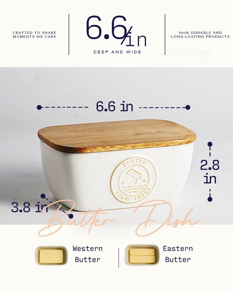 Getstar Ceramic Butter Dish with Acacia Lid for Countertop, Silicone Sealing, Farmhouse Kitchen Counter Decor, Large Butter Keeper Container (6.5â€x4â€) - Image 3