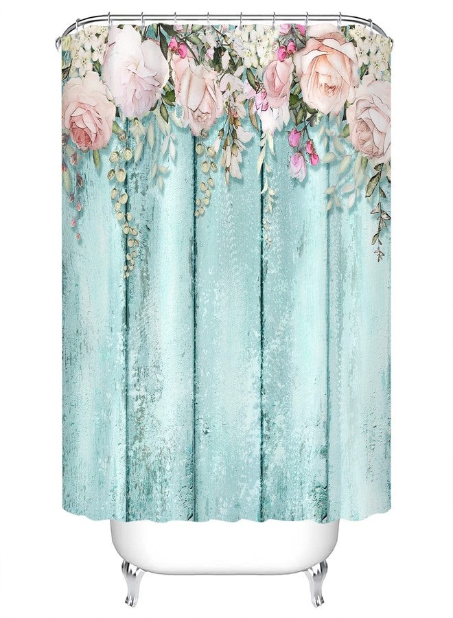 Tititex Pink Roses Shower Curtain Sets, Shabby Chic Rutic Teal Blue Wood Bathroom Decorative 70 X 70 Inch Polyester Waterproof Fabric Bathroom Curtain with Hooks - Image 4