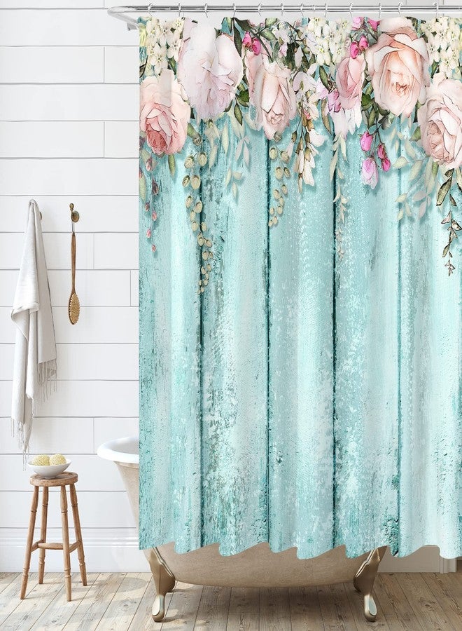 Tititex Pink Roses Shower Curtain Sets, Shabby Chic Rutic Teal Blue Wood Bathroom Decorative 70 X 70 Inch Polyester Waterproof Fabric Bathroom Curtain with Hooks - Image 3