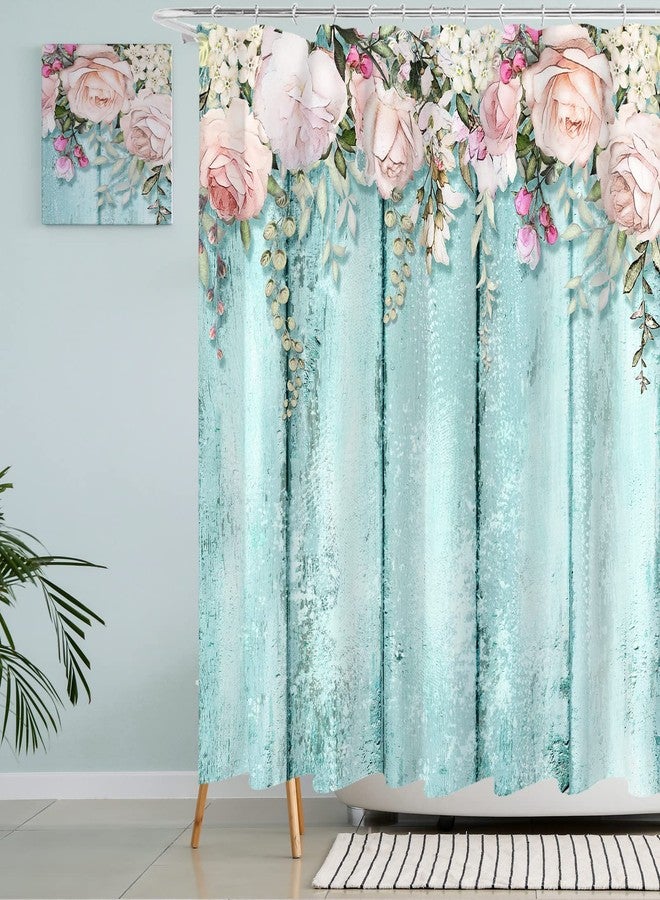 Tititex Pink Roses Shower Curtain Sets, Shabby Chic Rutic Teal Blue Wood Bathroom Decorative 70 X 70 Inch Polyester Waterproof Fabric Bathroom Curtain with Hooks - Image 1