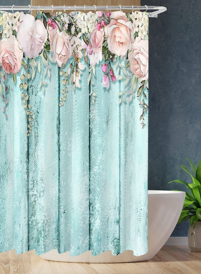 Tititex Pink Roses Shower Curtain Sets, Shabby Chic Rutic Teal Blue Wood Bathroom Decorative 70 X 70 Inch Polyester Waterproof Fabric Bathroom Curtain with Hooks - Image 2