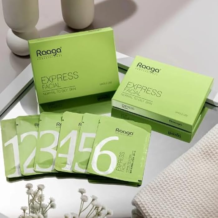 Raaga Professional Express Single Use Facial Kit | For Oily & Acne-Prone Skin | 6-Step Skincare Set At Home | Cleanser, Scrub, Toner, Massage Gel, Face Mask & Sunscreen | 35g/1.23 Oz - Image 3
