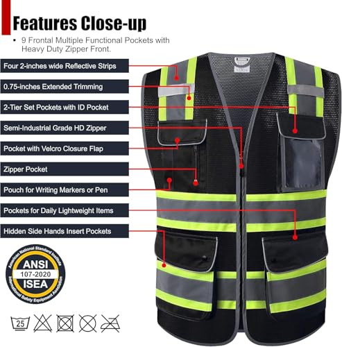 HATAUNKI Reflective Safety Vest for Men Women Hi Vis Vest with 9 Pockets High Visibility Mesh Reflective Vest Meets ANSI/ISEA 107-2015 (Black-04, 4X-Large) - Image 2