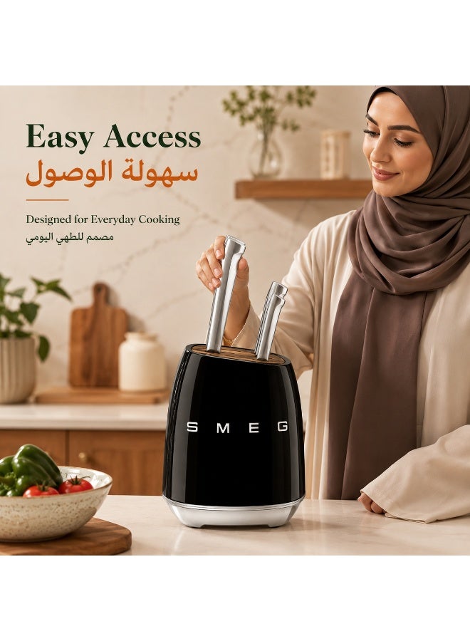 سميج SMEG طقم حامل سكاكين مطبخ أسود، منظم سكاكين أنيق لسطح المطبخ بسطح بنقشة خشبية وقاعدة فضية، وحدة تخزين عصرية للمطبخ المنزلي - Image 4