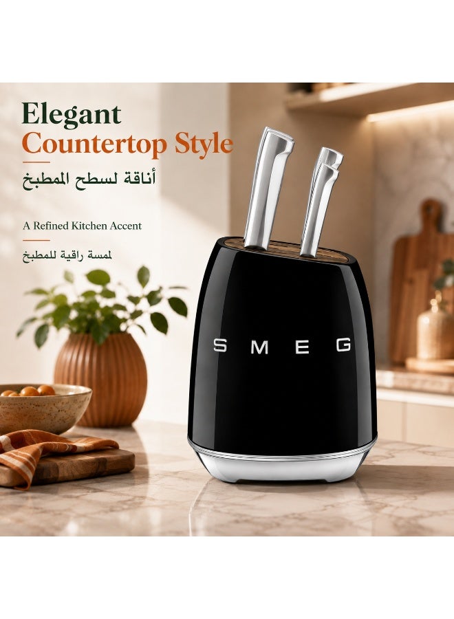 سميج SMEG طقم حامل سكاكين مطبخ أسود، منظم سكاكين أنيق لسطح المطبخ بسطح بنقشة خشبية وقاعدة فضية، وحدة تخزين عصرية للمطبخ المنزلي - Image 5
