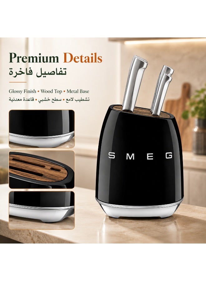 سميج SMEG طقم حامل سكاكين مطبخ أسود، منظم سكاكين أنيق لسطح المطبخ بسطح بنقشة خشبية وقاعدة فضية، وحدة تخزين عصرية للمطبخ المنزلي - Image 3