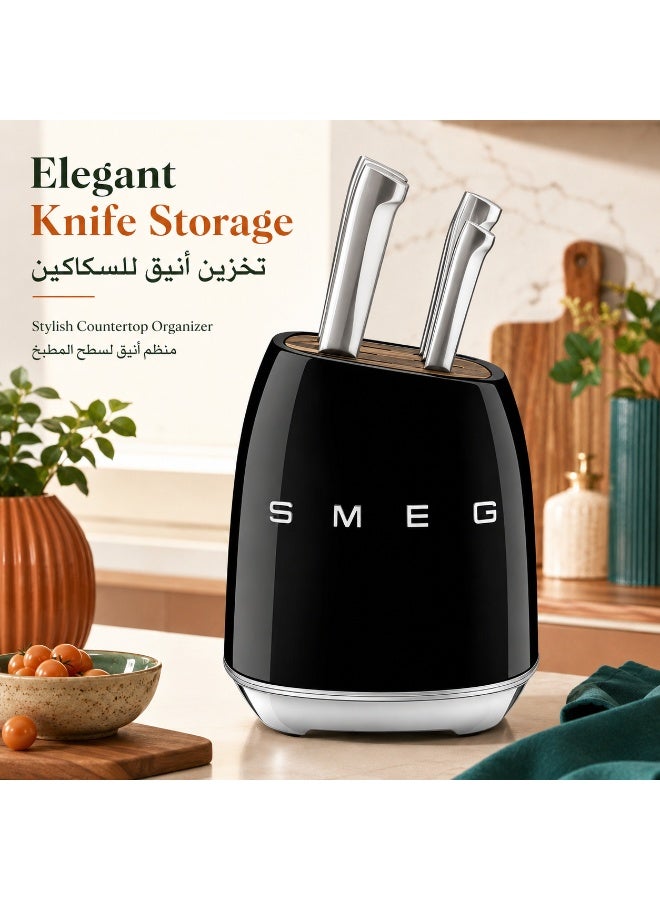 سميج SMEG طقم حامل سكاكين مطبخ أسود، منظم سكاكين أنيق لسطح المطبخ بسطح بنقشة خشبية وقاعدة فضية، وحدة تخزين عصرية للمطبخ المنزلي - Image 1