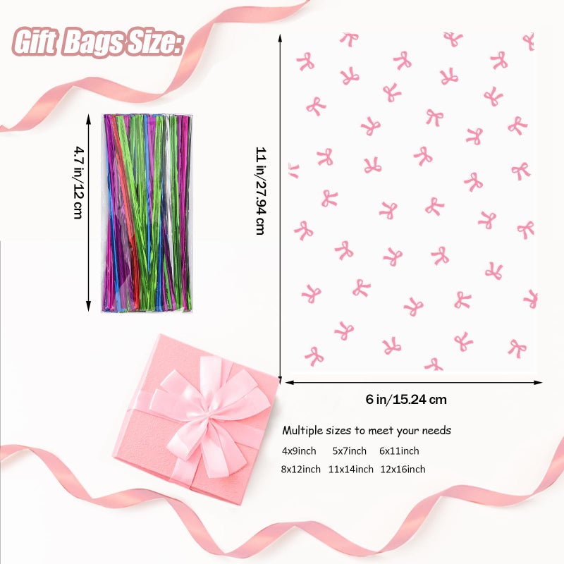 SOMIOCO حقائب هدايا SOMIOCO شفافة مقاس 6 × 11 بوصة 100 قطعة من أكياس السيلوفان جودي ذات القوس الوردي للحلوى والبسكويت وحفلات الزفاف وحفلات القوس مع ربطة عنق ملتوية لعيد الأم وعيد ميلاد الطفل وحفلات الزفاف وخطوبة الزفاف - Image 2