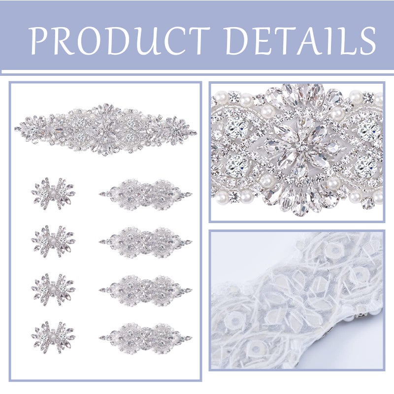BINBE 9 Pack Rhinestone Crystal Wedding Dress Appliques - Iron on Patch DIY Sewing Appliques for Bridal Clothes Decoration (Silver) - Image 3