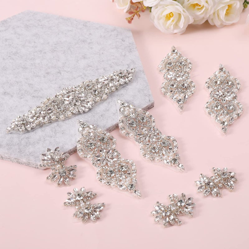 BINBE 9 Pack Rhinestone Crystal Wedding Dress Appliques - Iron on Patch DIY Sewing Appliques for Bridal Clothes Decoration (Silver) - Image 4