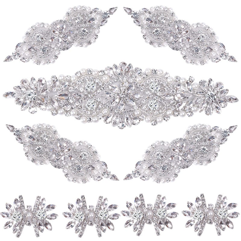 BINBE 9 Pack Rhinestone Crystal Wedding Dress Appliques - Iron on Patch DIY Sewing Appliques for Bridal Clothes Decoration (Silver) - Image 1