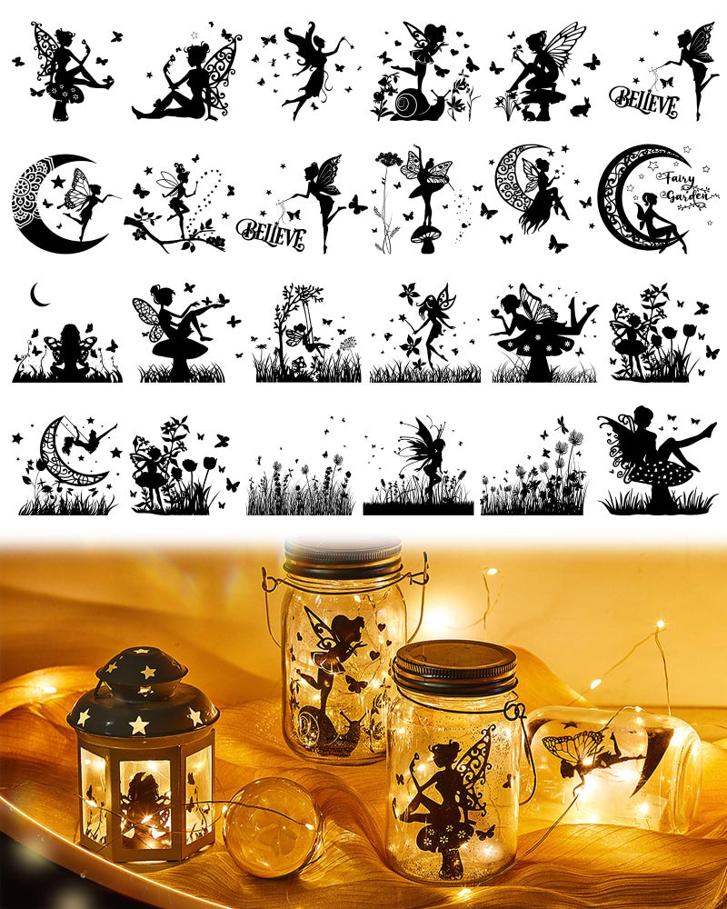 Lewtemi Lewtemi 24 Pcs Plastic Laser Cutouts for Mason Jars 394x354 Inch Silhouette Ornaments  DIY Crafts  Scrapbook Supplies for Lantern Decor Not StickersFairy 
