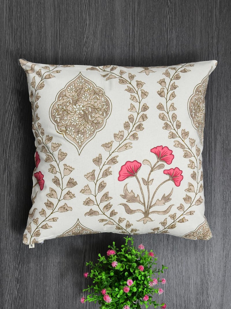 Clasiko Cotton Cushion Covers Set of 5; 20x20 Inches; Pink Beige Floral - Image 3