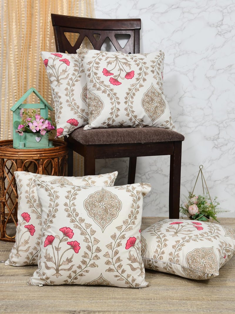 Clasiko Cotton Cushion Covers Set of 5; 20x20 Inches; Pink Beige Floral - Image 1