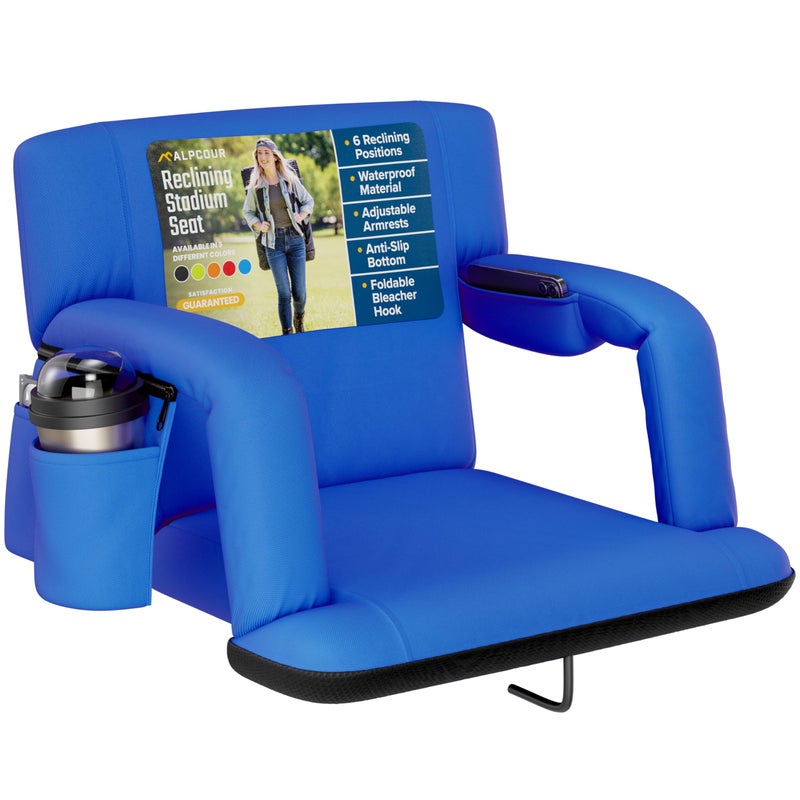 Alpcour Alpcour Reclining Stadium Seat  Wide Bleacher Chair with Back Support and Cushion Armrests Side Pockets and Bleachers Hook  Best Stadium Seats Chairs for Camping Kayak  Paddle Board Backs