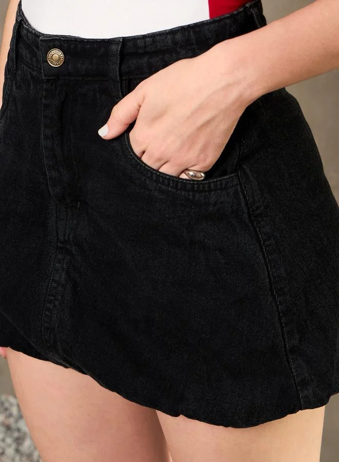SASSAFRAS Women Black Washed Balloon Hem Denim Mini Skirt