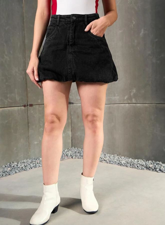 SASSAFRAS Sassafras Women Black Washed Balloon Hem Denim Mini Skirt