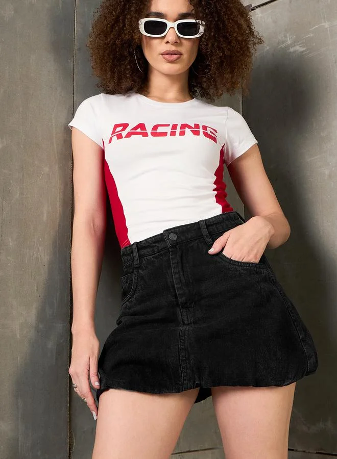 SASSAFRAS Sassafras Women Black Washed Balloon Hem Denim Mini Skirt