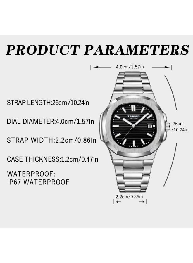 BINBOND Men's Stainless Steel Waterproof Quartz Watch - 40mm - Image 2