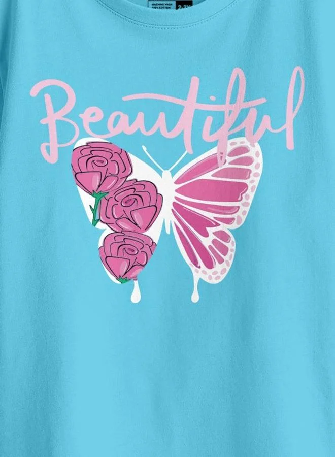 بون أورغانيك Girl's Sky Blue 100% Cotton Printed Regular Fit T-Shirt