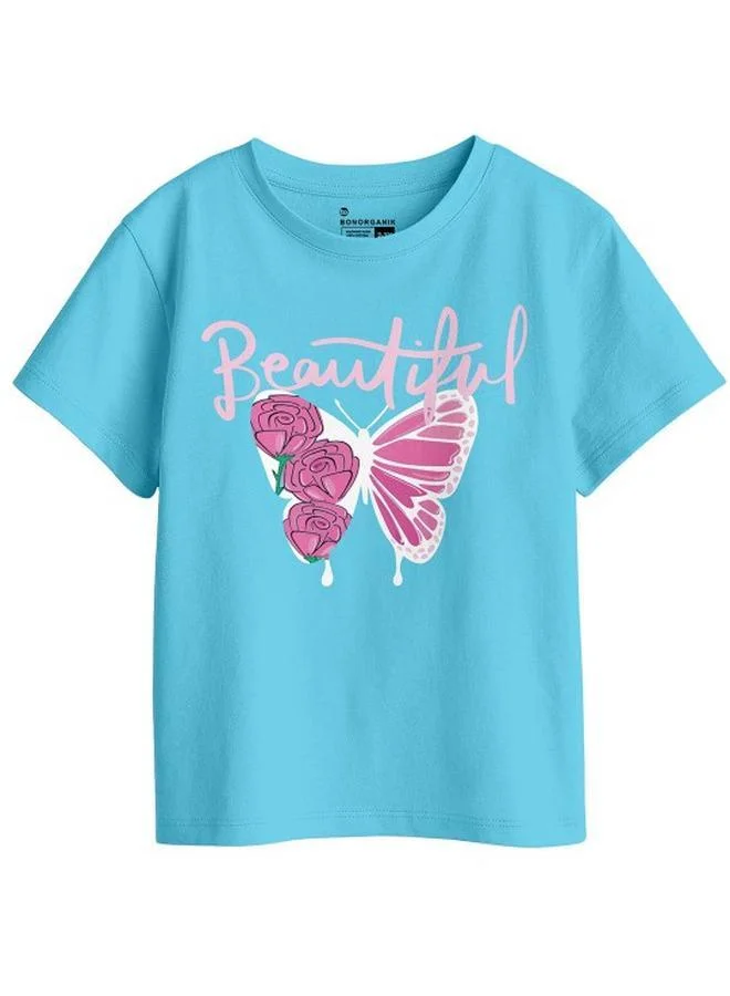 بون أورغانيك Girl's Sky Blue 100% Cotton Printed Regular Fit T-Shirt