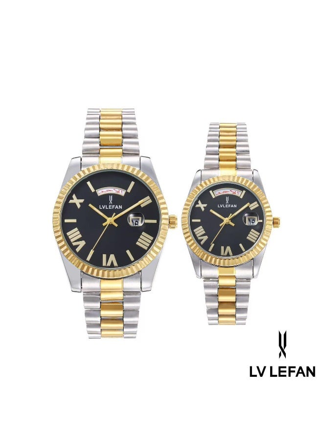 ليفان طقم ساعة يد للزوجين ضد الماء الفولاذ المقاوم للصدأ حزام زوجين الكوارتز ووتش مجموعة، الفاخرة مضيئة للماء التقويم ووتش هدية