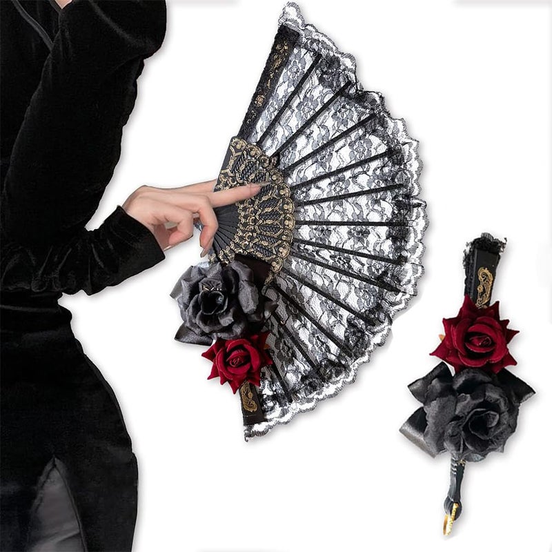 ASVNRES Halloween Black Hand Fan Lace Rose Handheld, Vintage Retro Flower Spanish Large Folding Fan for Women Spanish Lace Dancing Gift European Style for Wedding Party Show Cosplay Photo Props Decorations - Image 1