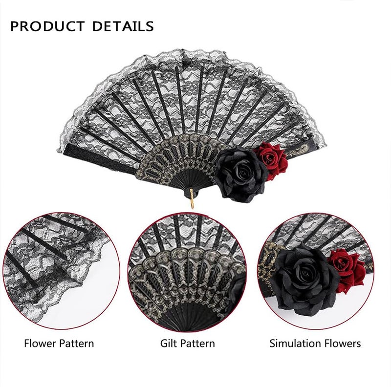 ASVNRES Halloween Black Hand Fan Lace Rose Handheld, Vintage Retro Flower Spanish Large Folding Fan for Women Spanish Lace Dancing Gift European Style for Wedding Party Show Cosplay Photo Props Decorations - Image 5