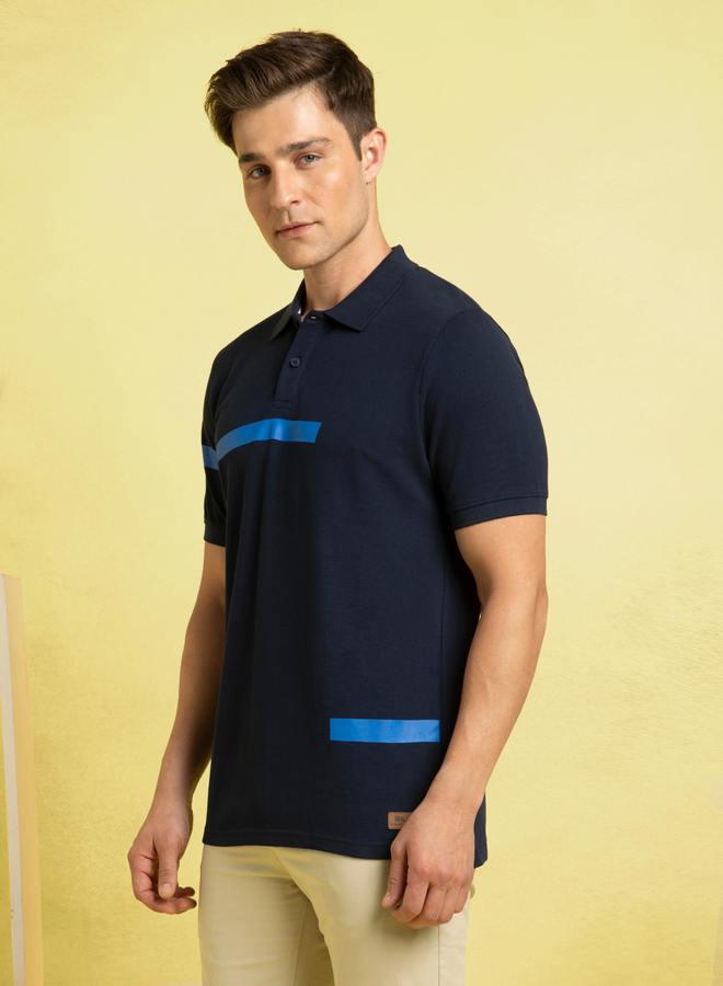 Dennis Lingo Navy Striped Polo T-Shirt For Men With A Wide Printed Stripe Pattern Crafted From Pique Fabric  - Image 3
