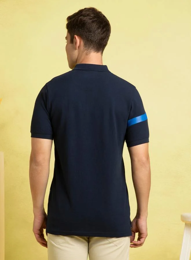 Dennis Lingo Navy Striped Polo T-Shirt For Men With A Wide Printed Stripe Pattern Crafted From Pique Fabric