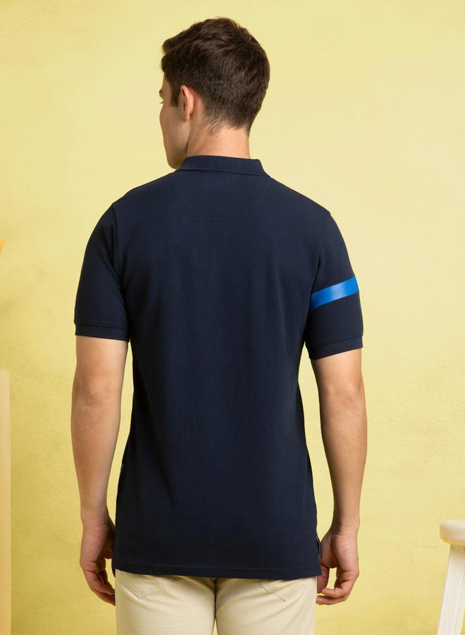Dennis Lingo Navy Striped Polo T-Shirt For Men With A Wide Printed Stripe Pattern Crafted From Pique Fabric  - Image 5