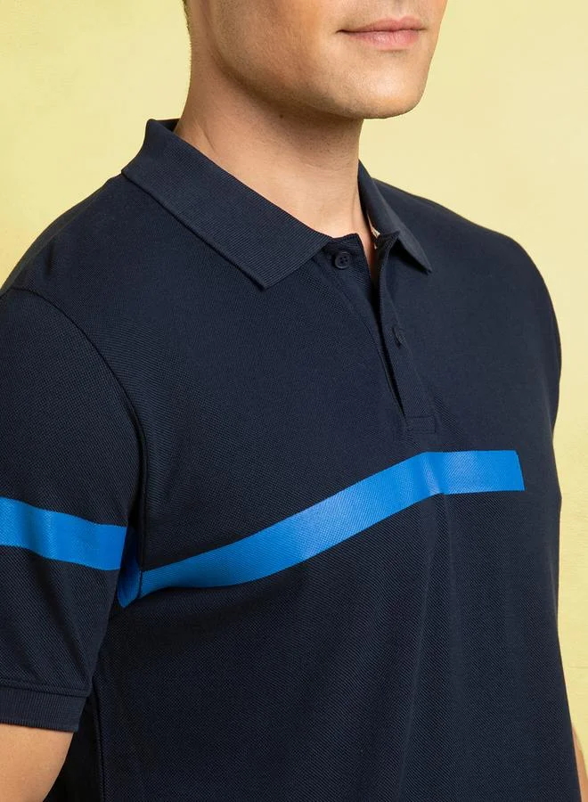 Dennis Lingo Navy Striped Polo T-Shirt For Men With A Wide Printed Stripe Pattern Crafted From Pique Fabric
