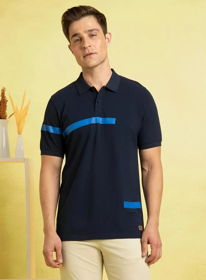 Dennis Lingo Navy Striped Polo T-Shirt For Men With A Wide Printed Stripe Pattern Crafted From Pique Fabric