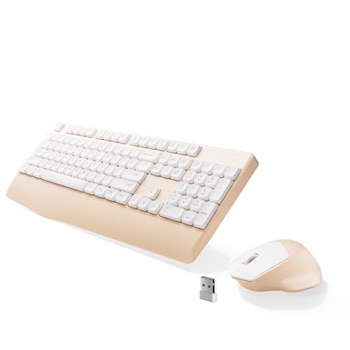 MPTOG Ergonomic Keyboard and Mouse Combo with Wrist Rest, BK Chipset, Full-Size Colorful Office Keyboard and Mouse, Power Button, USB Receiver for PC Laptop (Khaki White) - Image 1