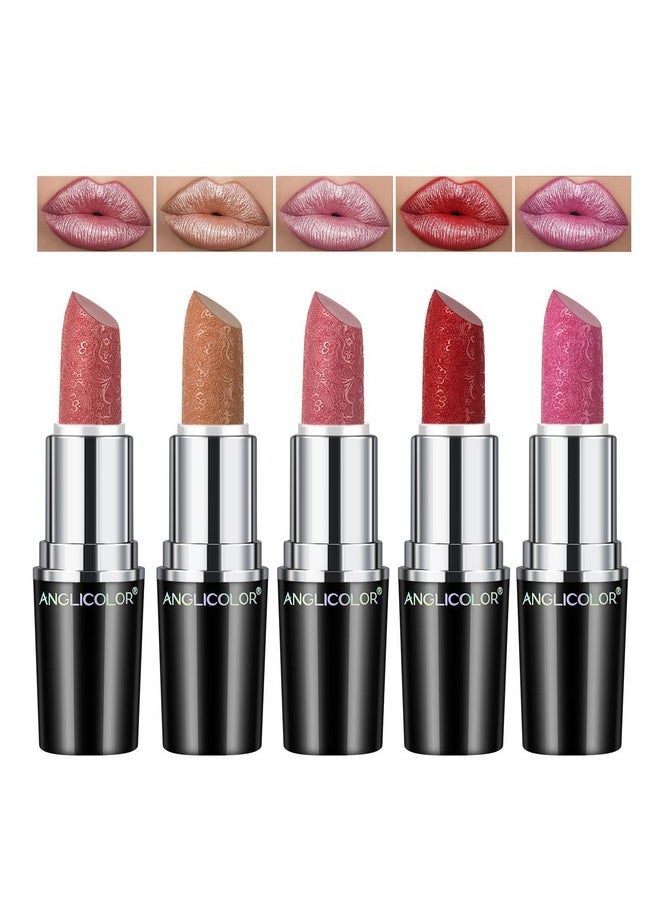 Anglicolor 5Pcs Glitter Lipstick High Impact Lipcolor,Lipstick Moisturizing Creamy Formula,Metallic Lipstick For Women For Vegan & Cruelty-Free,Full-Coverage Lip Color (#B, 5Pcs)  - Image 1